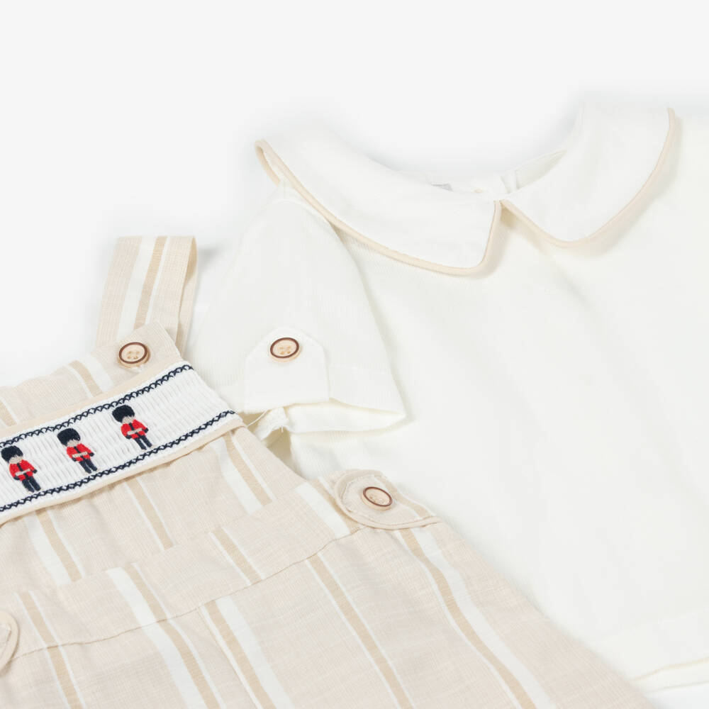 Beau KiD-Boys Beige & White Cotton Embroidered Soldiers Dungarees Set | Childrensalon Outlet