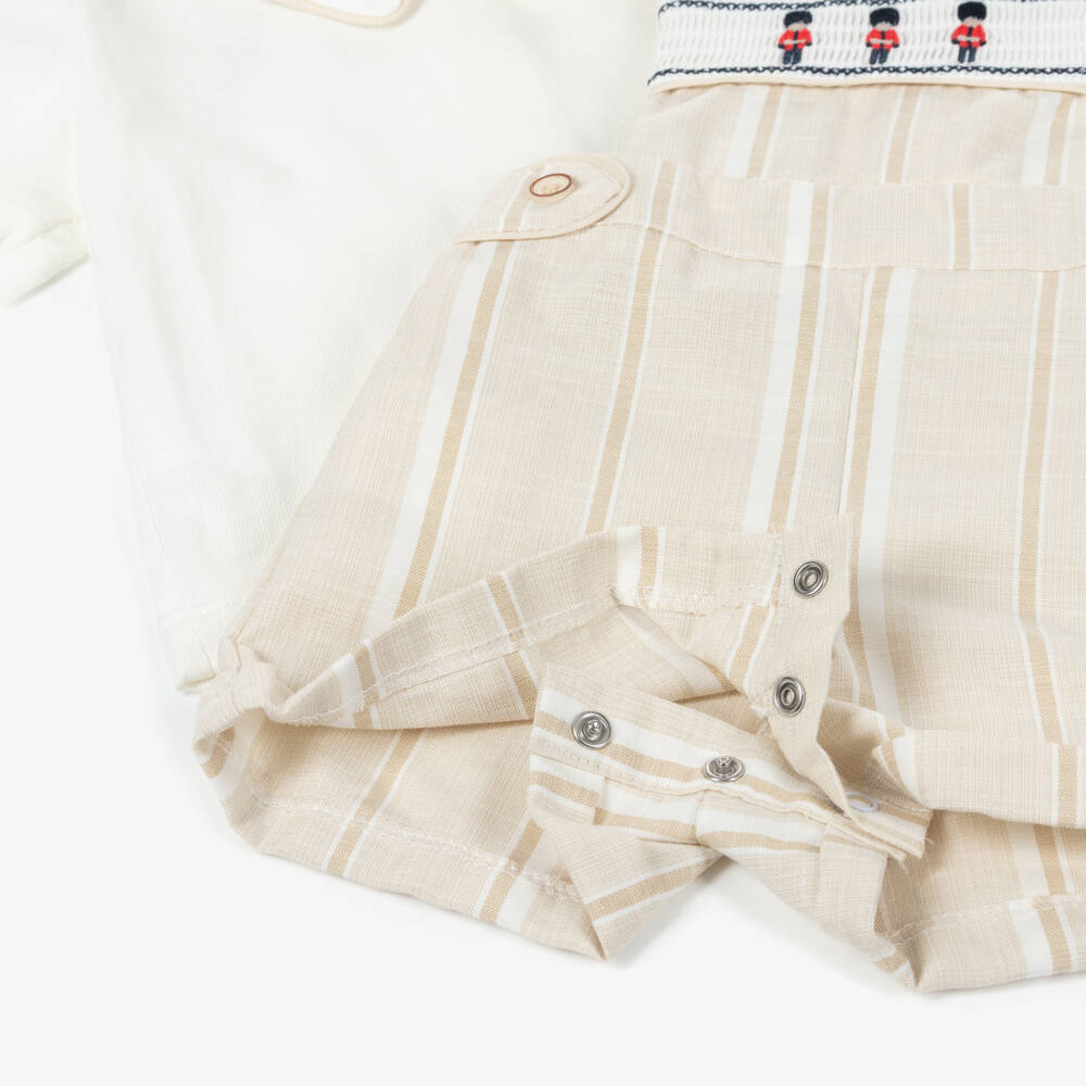 Beau KiD-Boys Beige & White Cotton Embroidered Soldiers Dungarees Set | Childrensalon Outlet