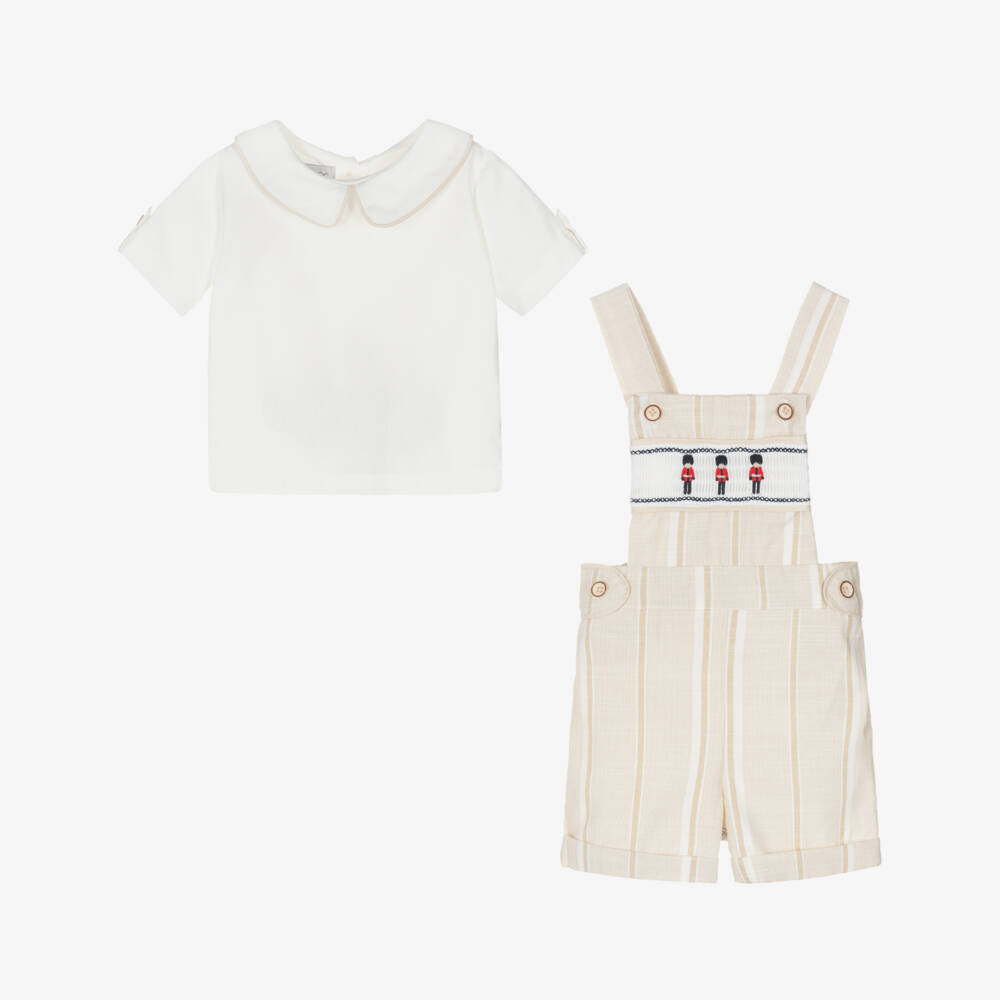 Beau KiD-Boys Beige & White Cotton Embroidered Soldiers Dungarees Set | Childrensalon Outlet