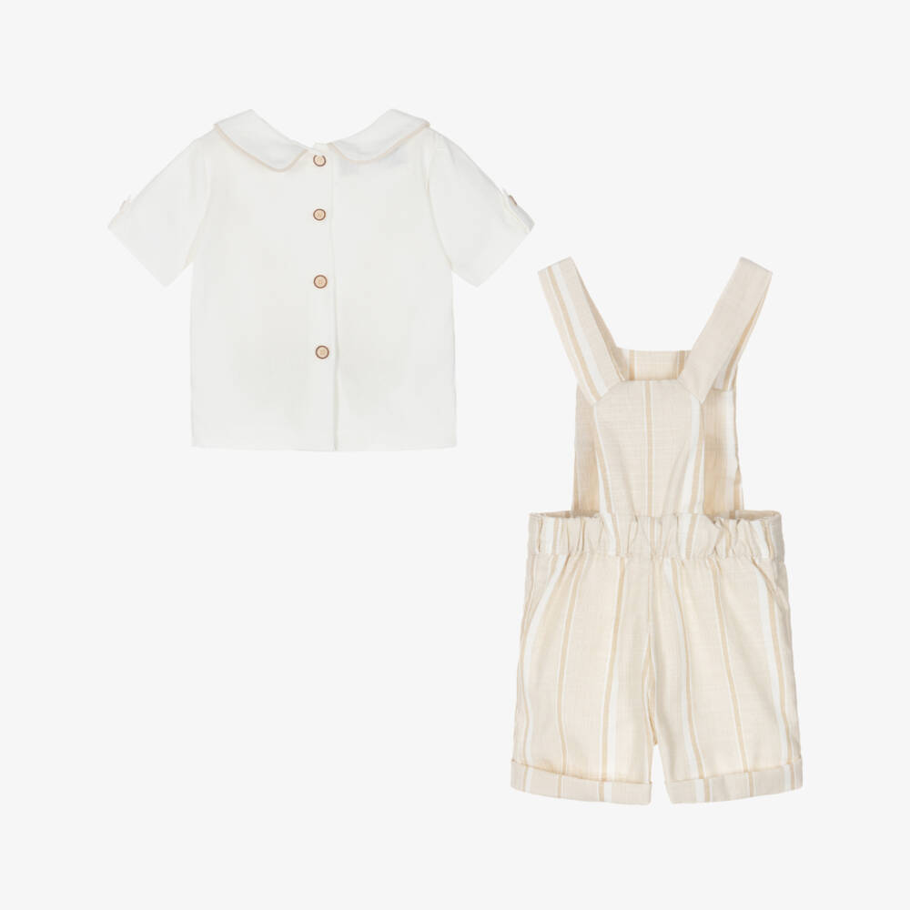 Beau KiD-Boys Beige & White Cotton Embroidered Soldiers Dungarees Set | Childrensalon Outlet