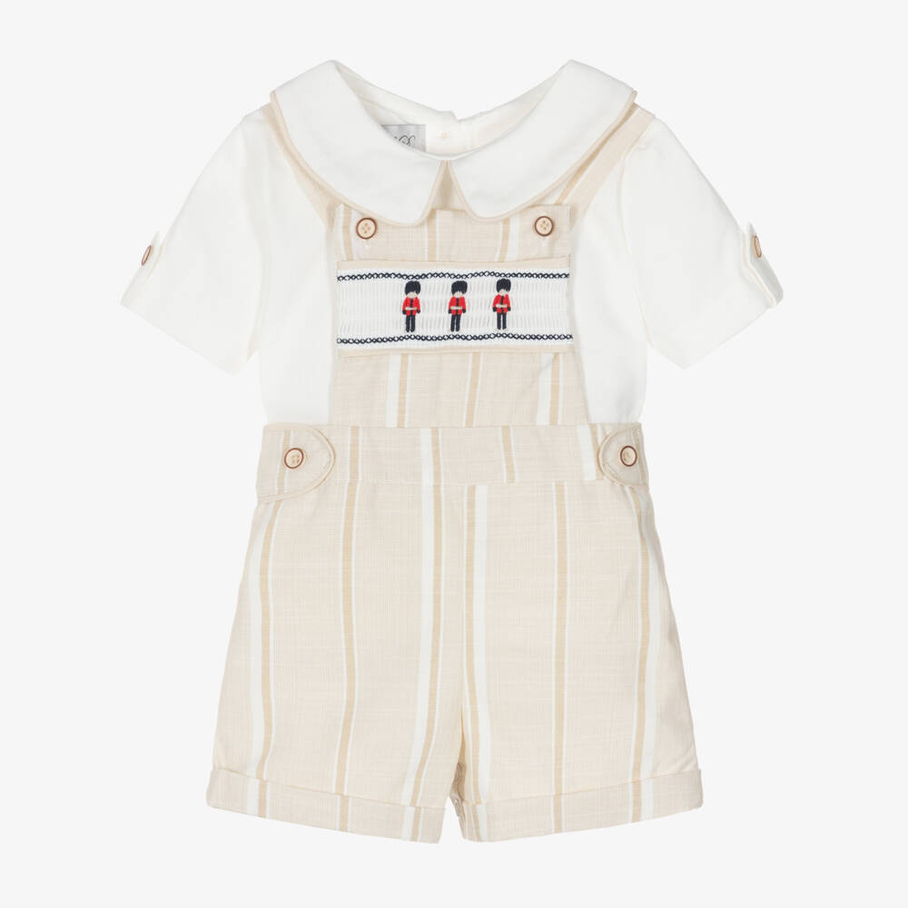 Beau KiD-Boys Beige & White Cotton Embroidered Soldiers Dungarees Set | Childrensalon Outlet