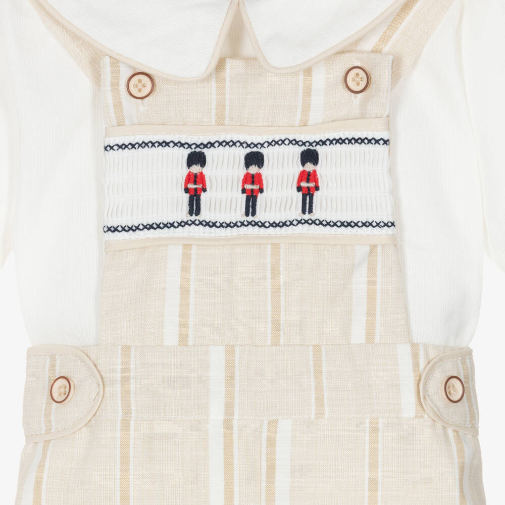 Beau KiD-Boys Beige & White Cotton Embroidered Soldiers Dungarees Set | Childrensalon Outlet