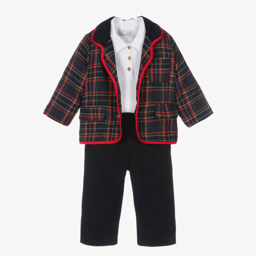 Beau KiD-Boys Blue 3 Piece Tartan Suit  | Childrensalon Outlet