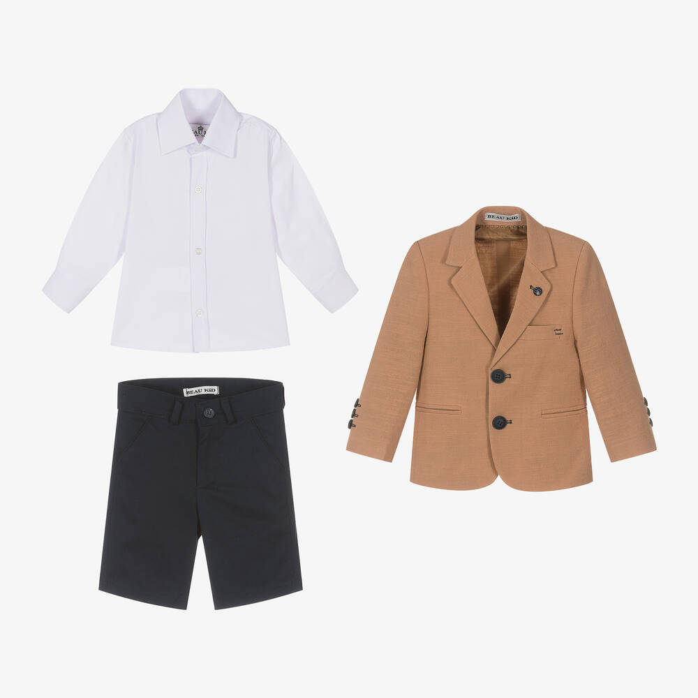 Beau KiD-Boys Blue & Brown Cotton Shorts Suit | Childrensalon Outlet
