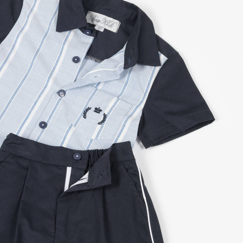 Beau KiD-Boys Blue Cotton Shirt & Shorts Set with Stripes | Childrensalon Outlet
