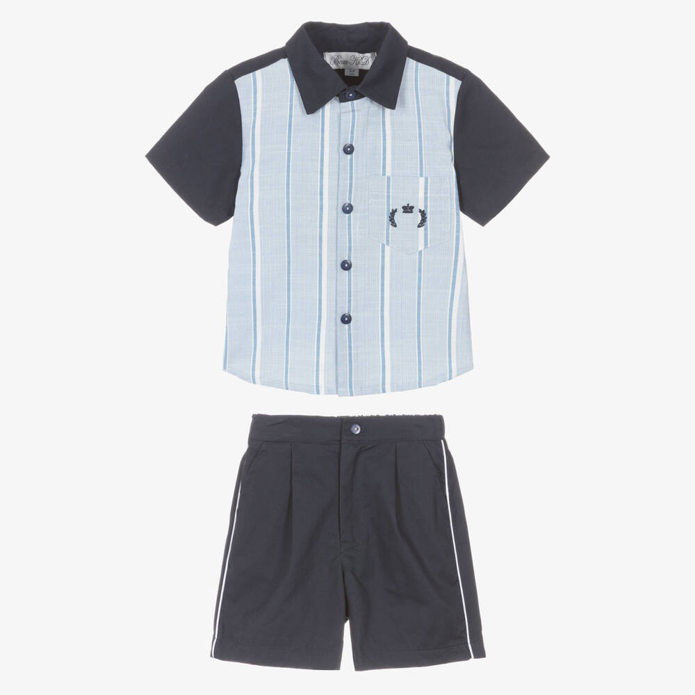 Beau KiD-Boys Blue Cotton Shirt & Shorts Set with Stripes | Childrensalon Outlet