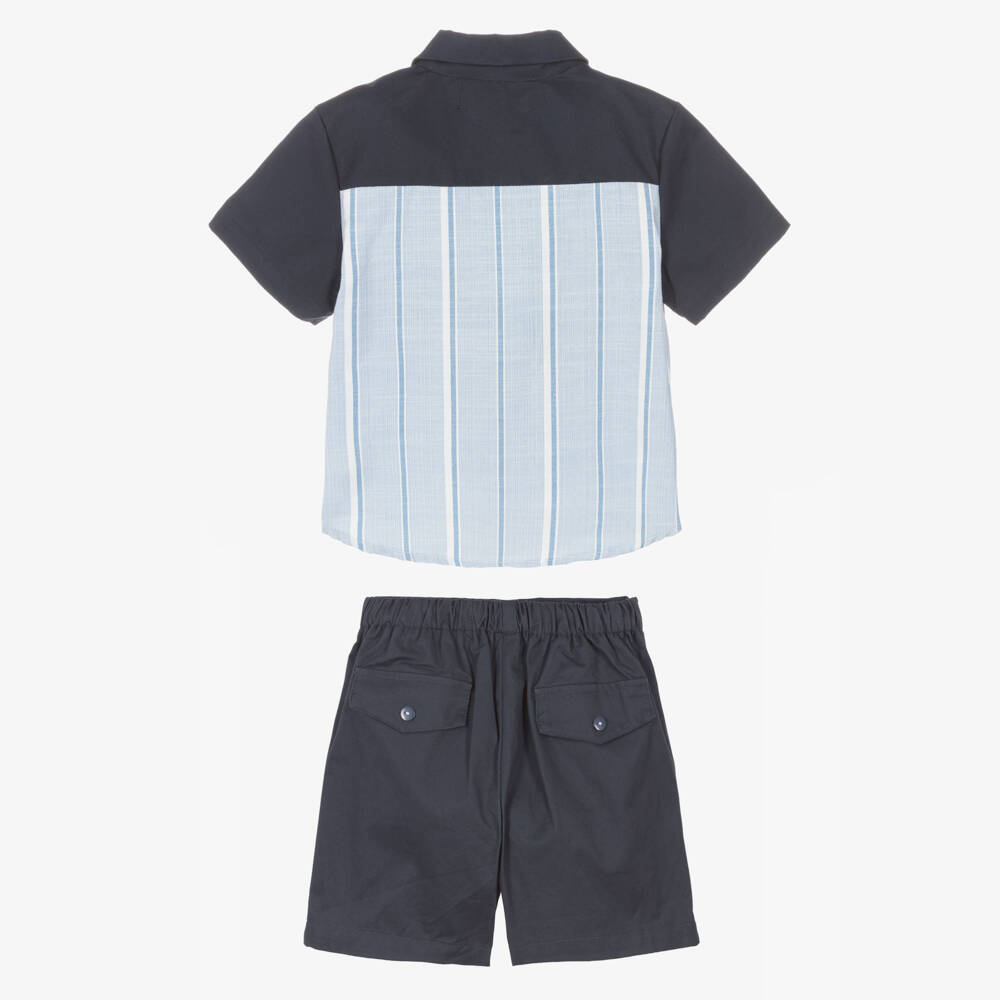 Beau KiD-Boys Blue Cotton Shirt & Shorts Set with Stripes | Childrensalon Outlet