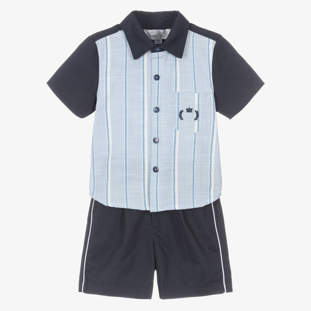 Beau KiD-Boys Blue Cotton Shirt & Shorts Set with Stripes | Childrensalon Outlet