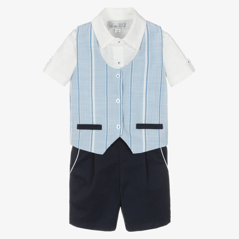 Beau KiD-Boys Blue Cotton Shorts Set with Striped Waistcoat | Childrensalon Outlet
