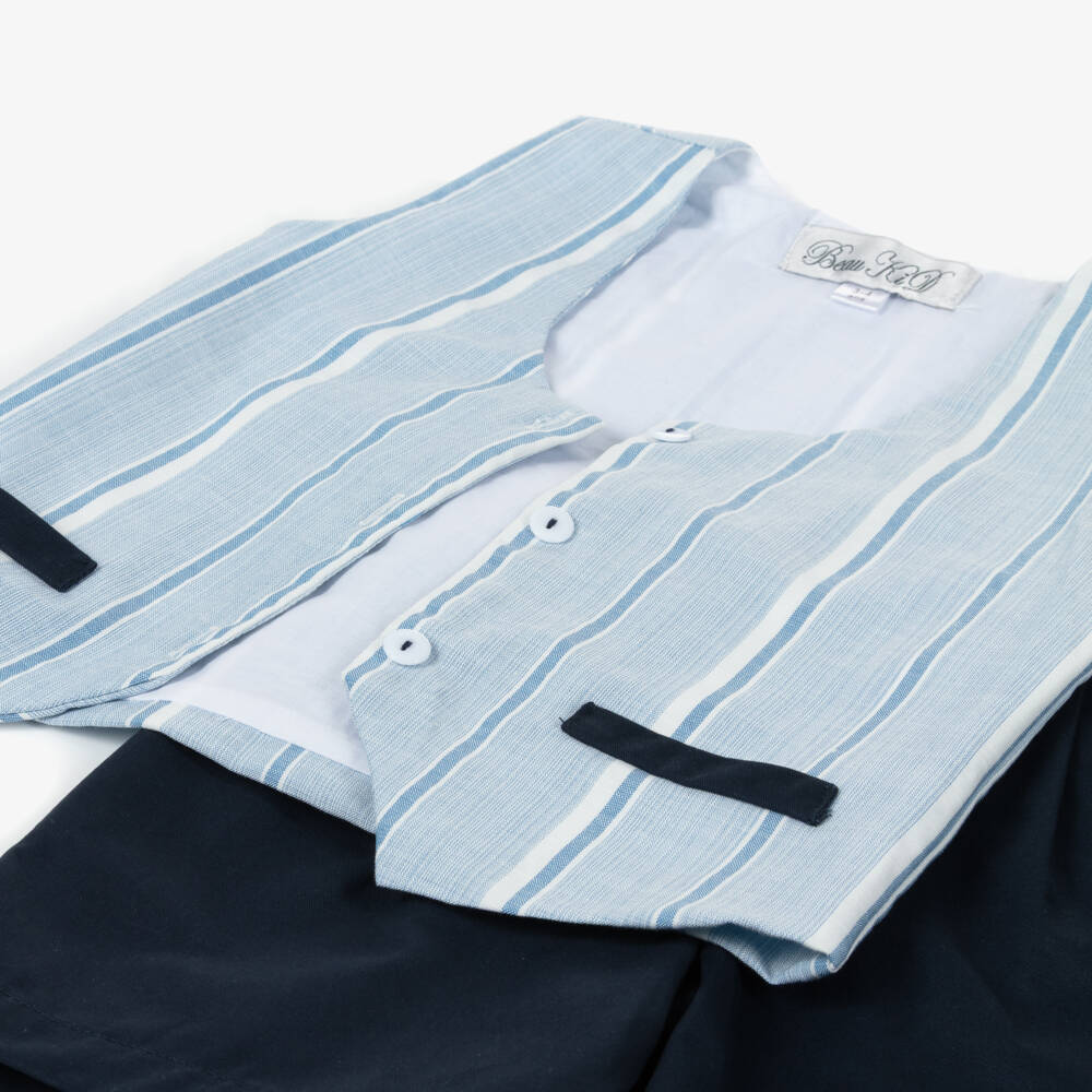 Beau KiD-Boys Blue Cotton Shorts Set with Striped Waistcoat | Childrensalon Outlet
