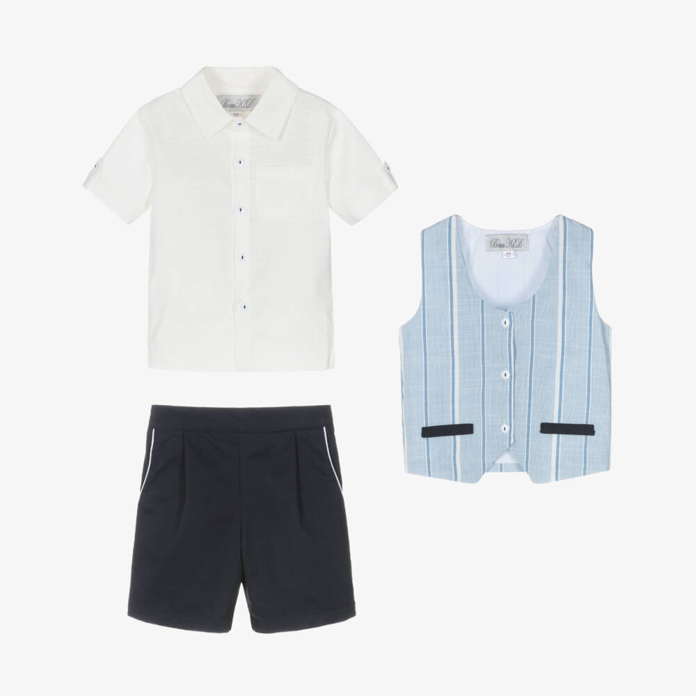 Beau KiD-Boys Blue Cotton Shorts Set with Striped Waistcoat | Childrensalon Outlet