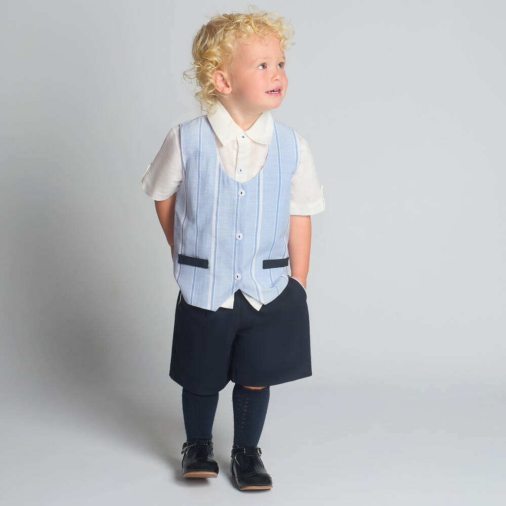 Beau KiD-Boys Blue Cotton Shorts Set with Striped Waistcoat | Childrensalon Outlet