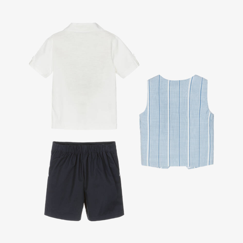 Beau KiD-Boys Blue Cotton Shorts Set with Striped Waistcoat | Childrensalon Outlet