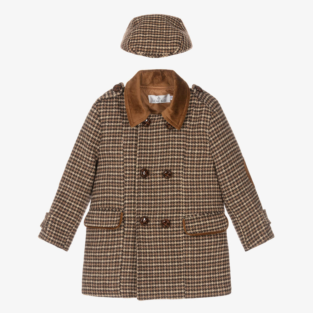 Beau KiD - Boys Brown Houndstooth Coat & Hat Set | Childrensalon