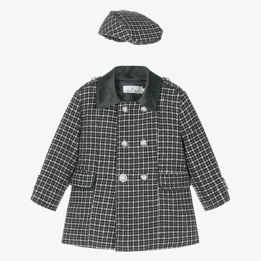 Beau KiD - Boys Grey Houndstooth Coat & Hat Set | Childrensalon