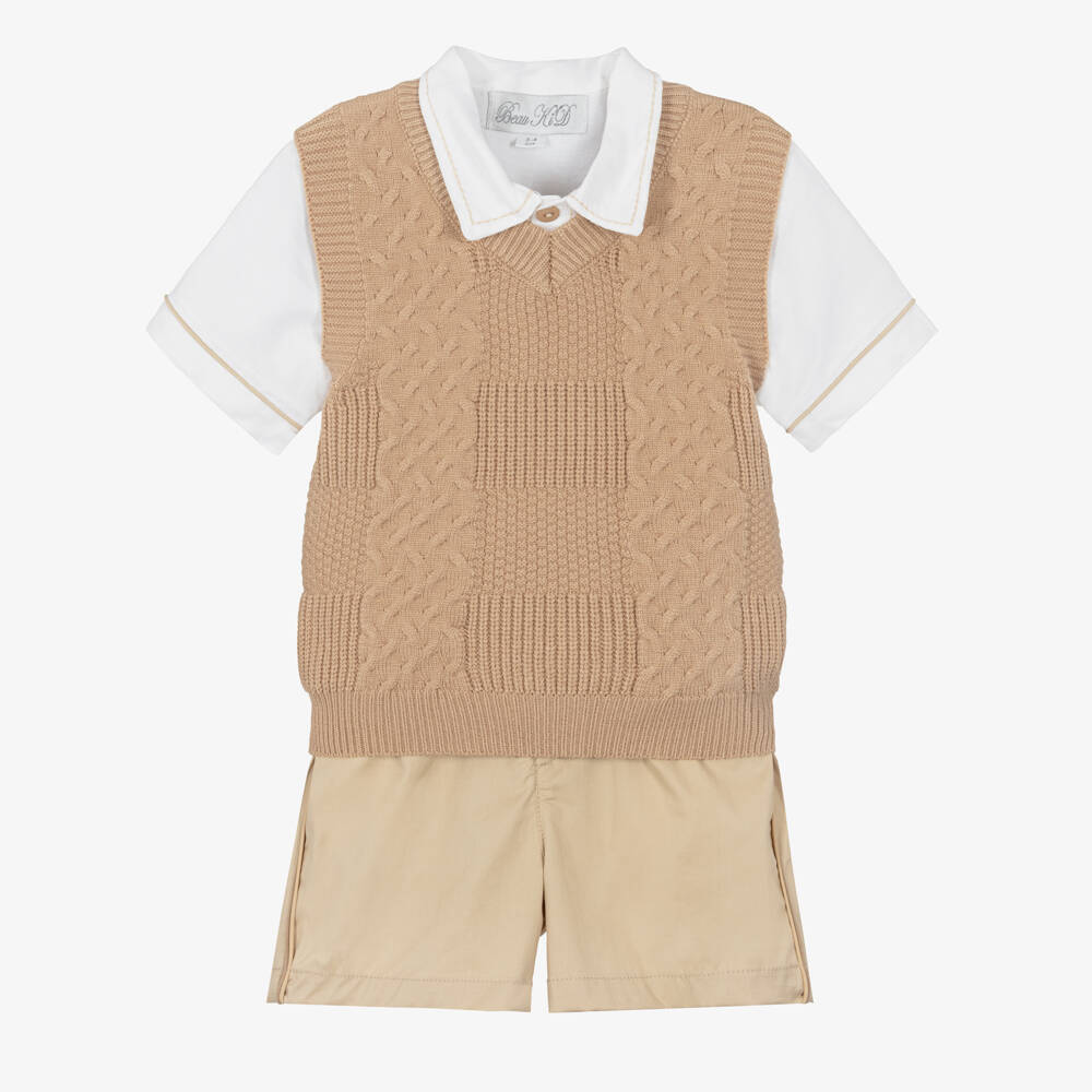 Beau KiD-Boys Ivory & Beige Shorts Set | Childrensalon Outlet