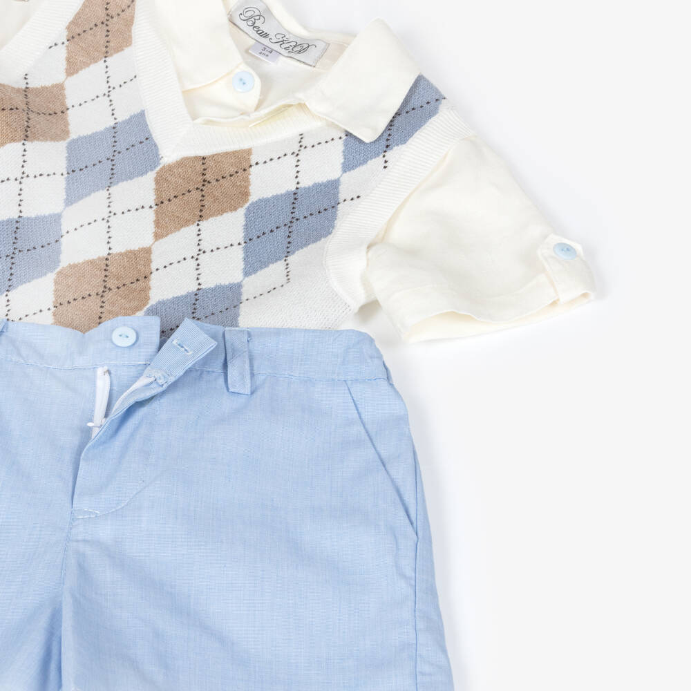 Beau KiD-Boys Ivory & Blue Shorts Set with Argyle Knit Vest | Childrensalon Outlet