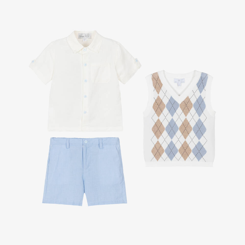 Beau KiD-Boys Ivory & Blue Shorts Set with Argyle Knit Vest | Childrensalon Outlet