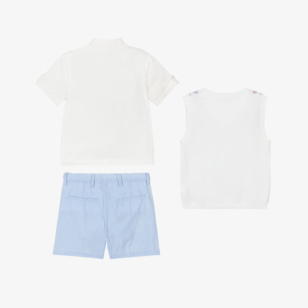 Beau KiD-Boys Ivory & Blue Shorts Set with Argyle Knit Vest | Childrensalon Outlet