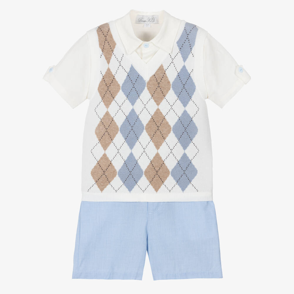 Beau KiD-Boys Ivory & Blue Shorts Set with Argyle Knit Vest | Childrensalon Outlet
