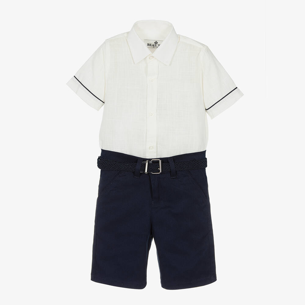Beau KiD - Boys Ivory Shirt & Navy Blue Shorts Set | Childrensalon