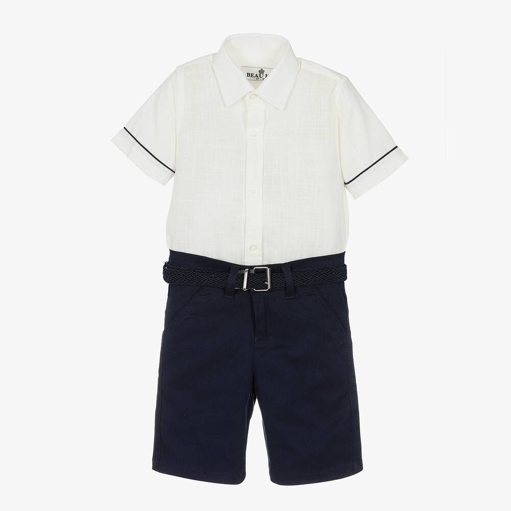 Beau KiD - Chemise ivoire et short bleu garçon | Childrensalon