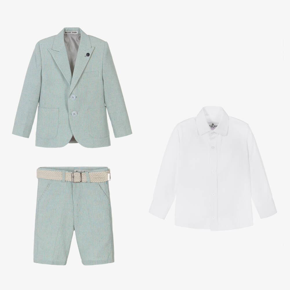 Beau KiD-Boys Mint Blue Cotton Stripe Shorts Suit | Childrensalon Outlet