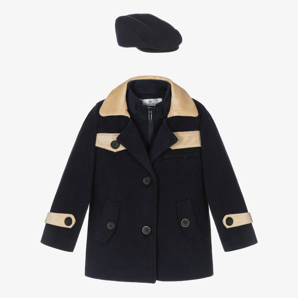 Beau KiD-Boys Navy Blue & Beige Coat & Hat Set | Childrensalon Outlet