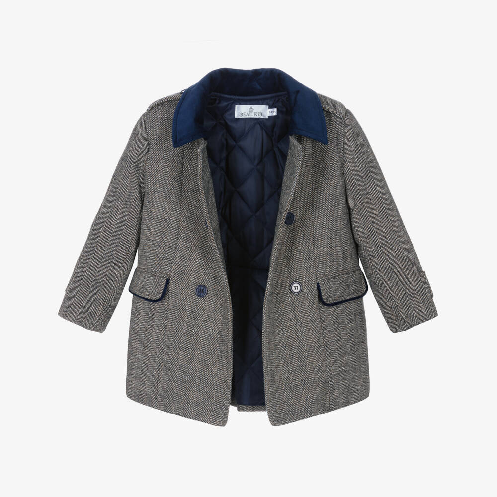 Beau KiD-Boys Navy Blue Houndstooth Coat & Hat Set | Childrensalon Outlet