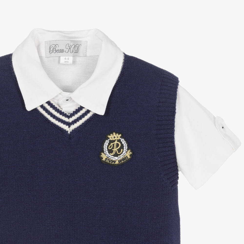 Beau KiD-Boys Navy Blue Slip-Over & Cotton Shorts Set | Childrensalon Outlet