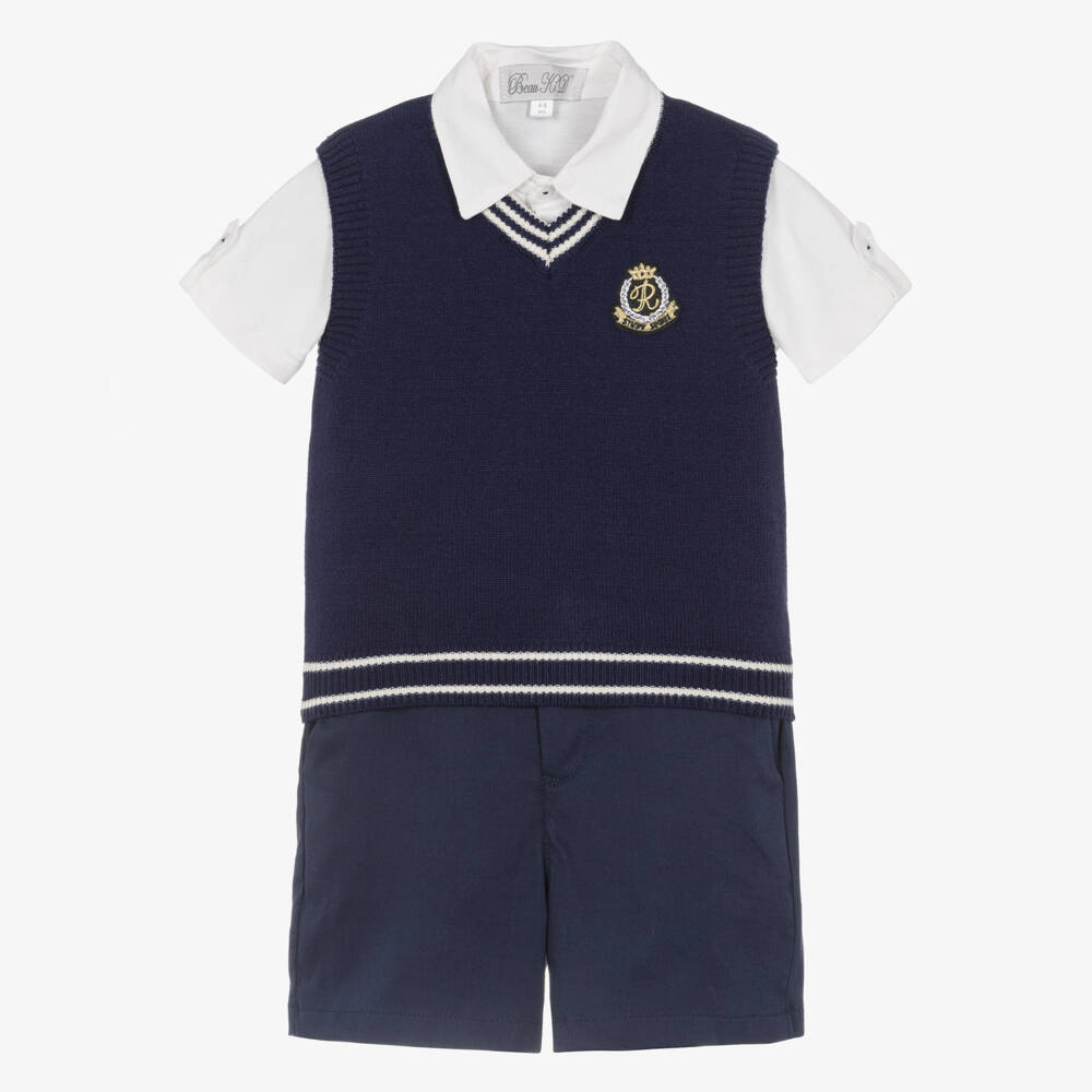 Beau KiD-Boys Navy Blue Slip-Over & Cotton Shorts Set | Childrensalon Outlet