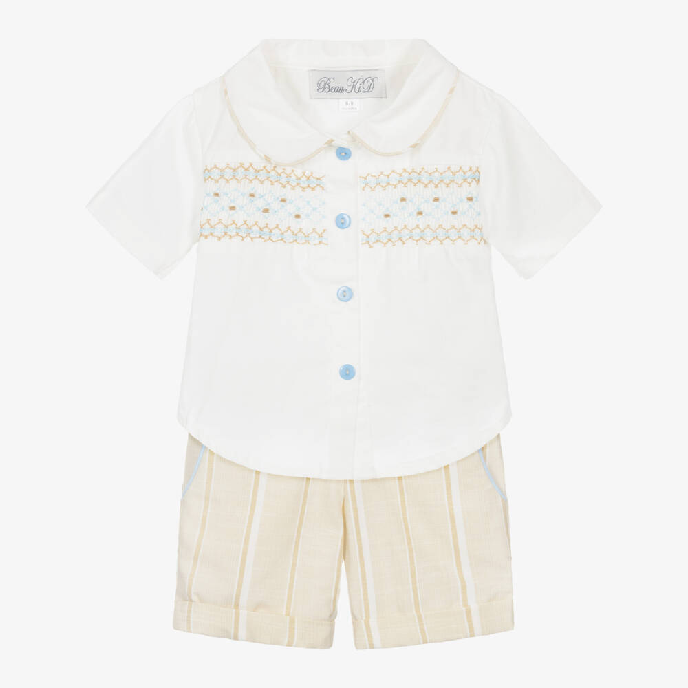 Beau KiD-Boys White & Beige Cotton Shorts Set with Smocking | Childrensalon Outlet