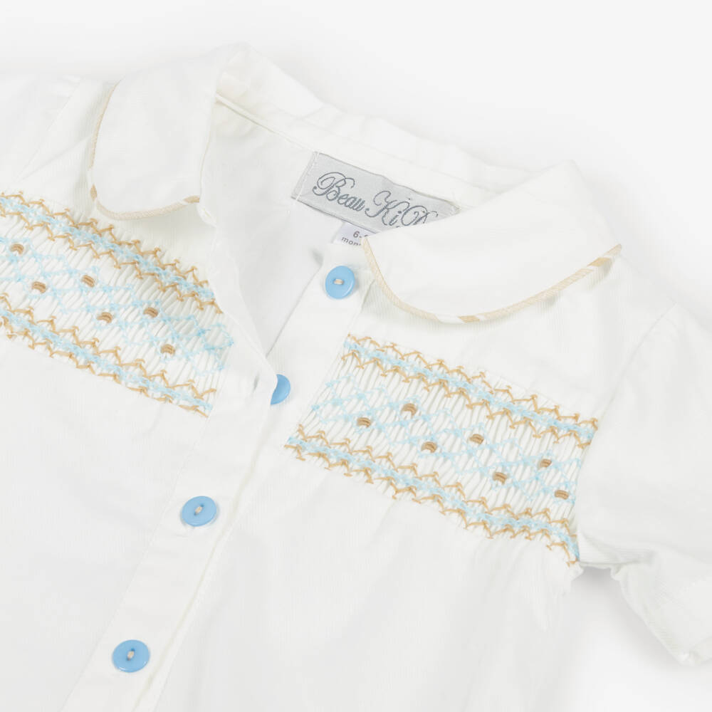 Beau KiD-Boys White & Beige Cotton Shorts Set with Smocking | Childrensalon Outlet