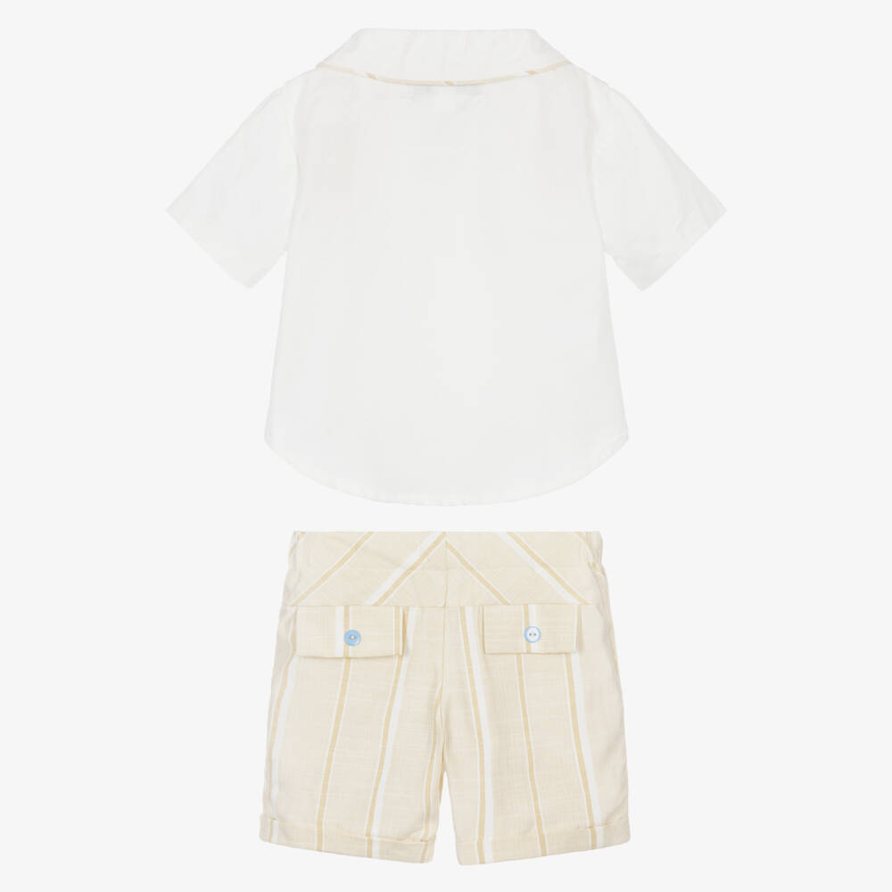 Beau KiD-Boys White & Beige Cotton Shorts Set with Smocking | Childrensalon Outlet
