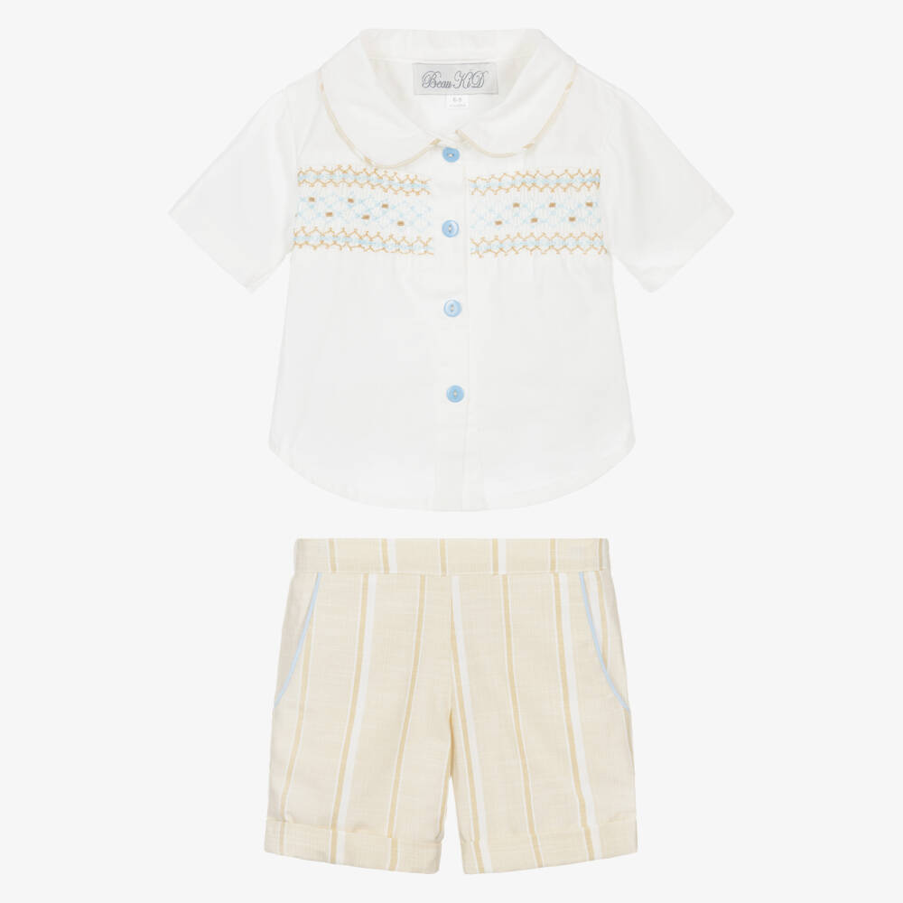 Beau KiD-Boys White & Beige Cotton Shorts Set with Smocking | Childrensalon Outlet