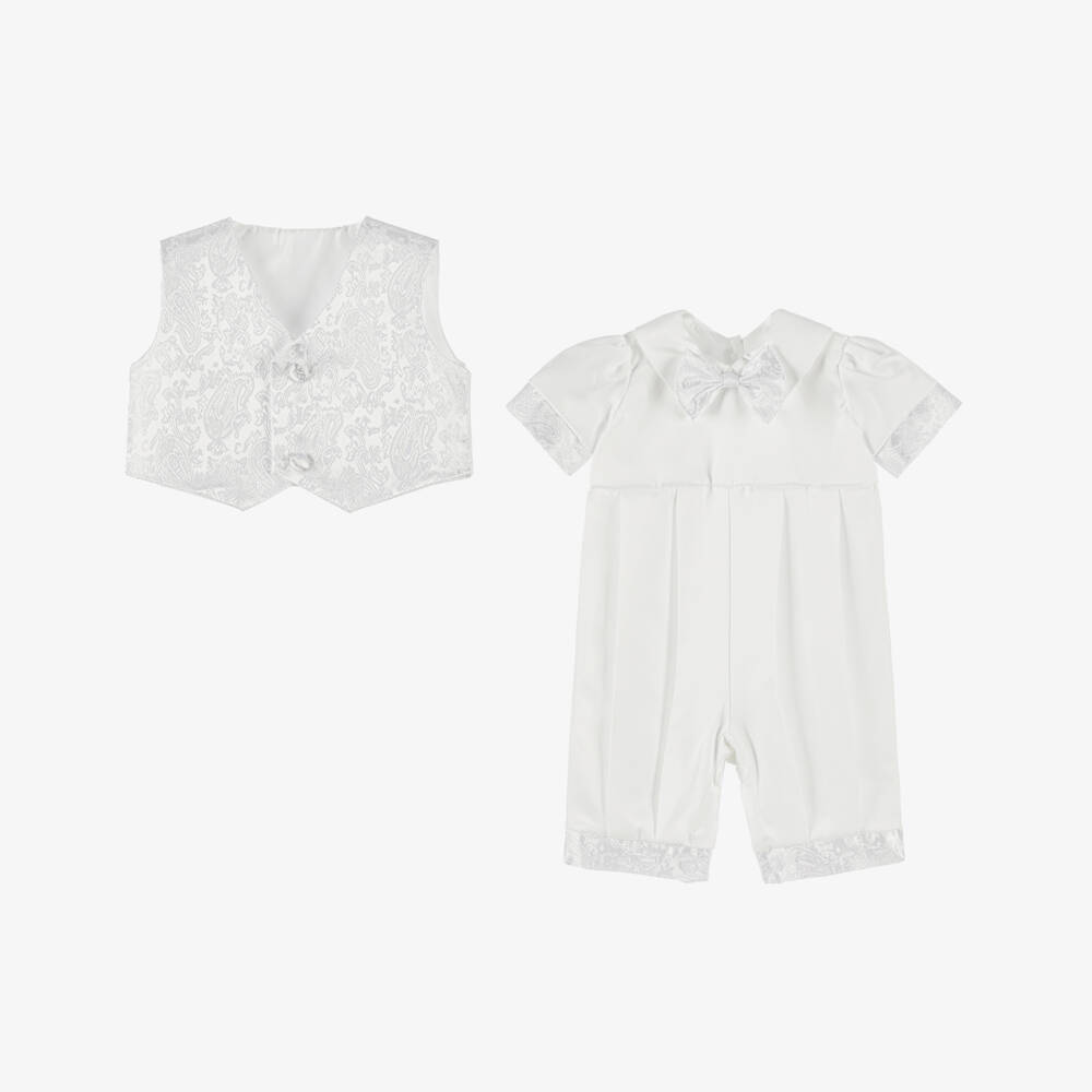 Beau KiD-Boys White Satin Babysuit Set | Childrensalon Outlet