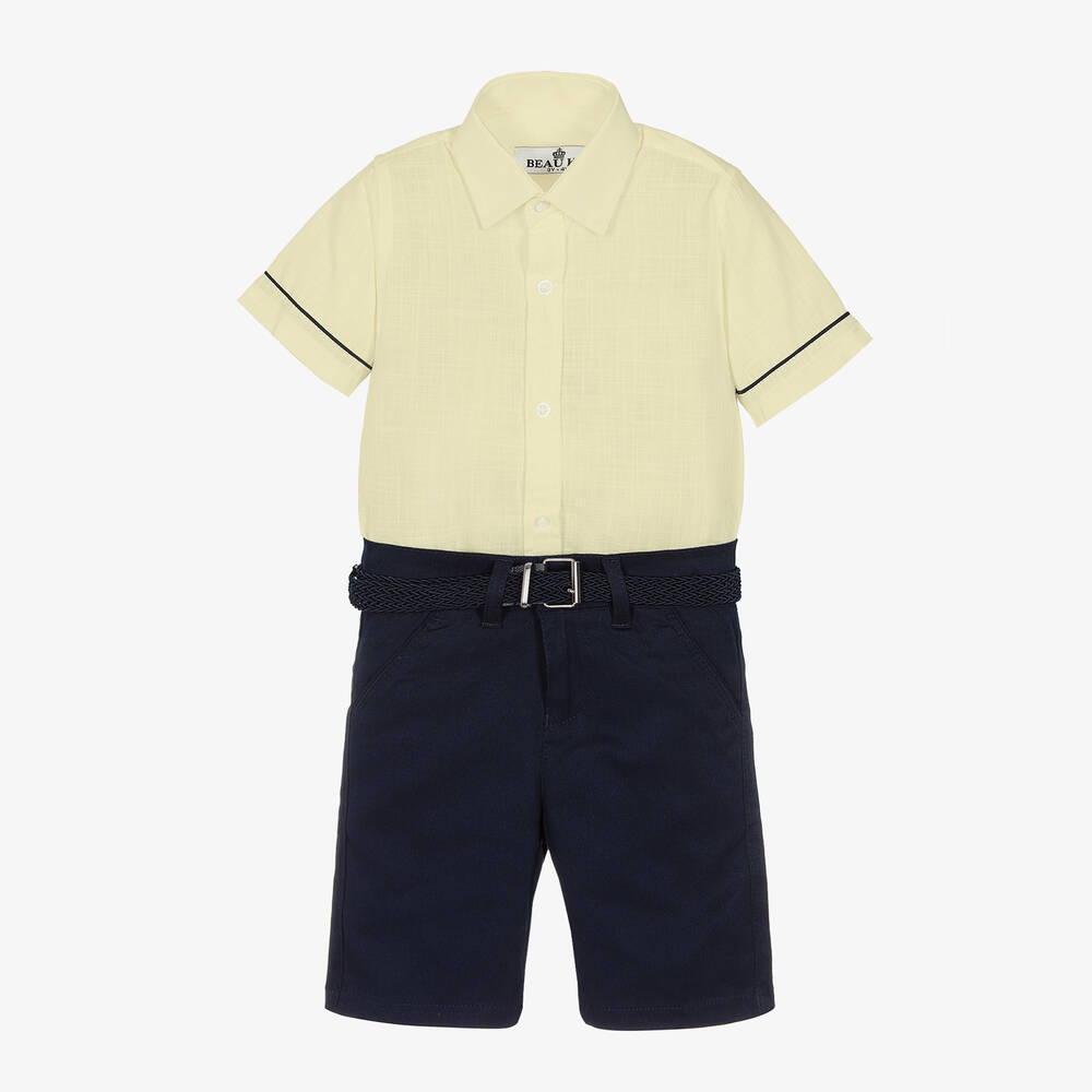 Beau KiD - Hemd und Shorts Set in Gelb und Navyblau | Childrensalon