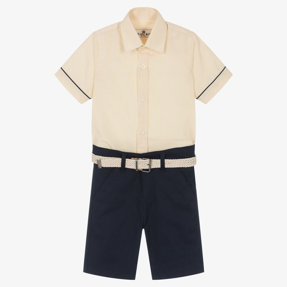 Beau KiD - Streifenhemd & Shorts Set gelb/navy | Childrensalon