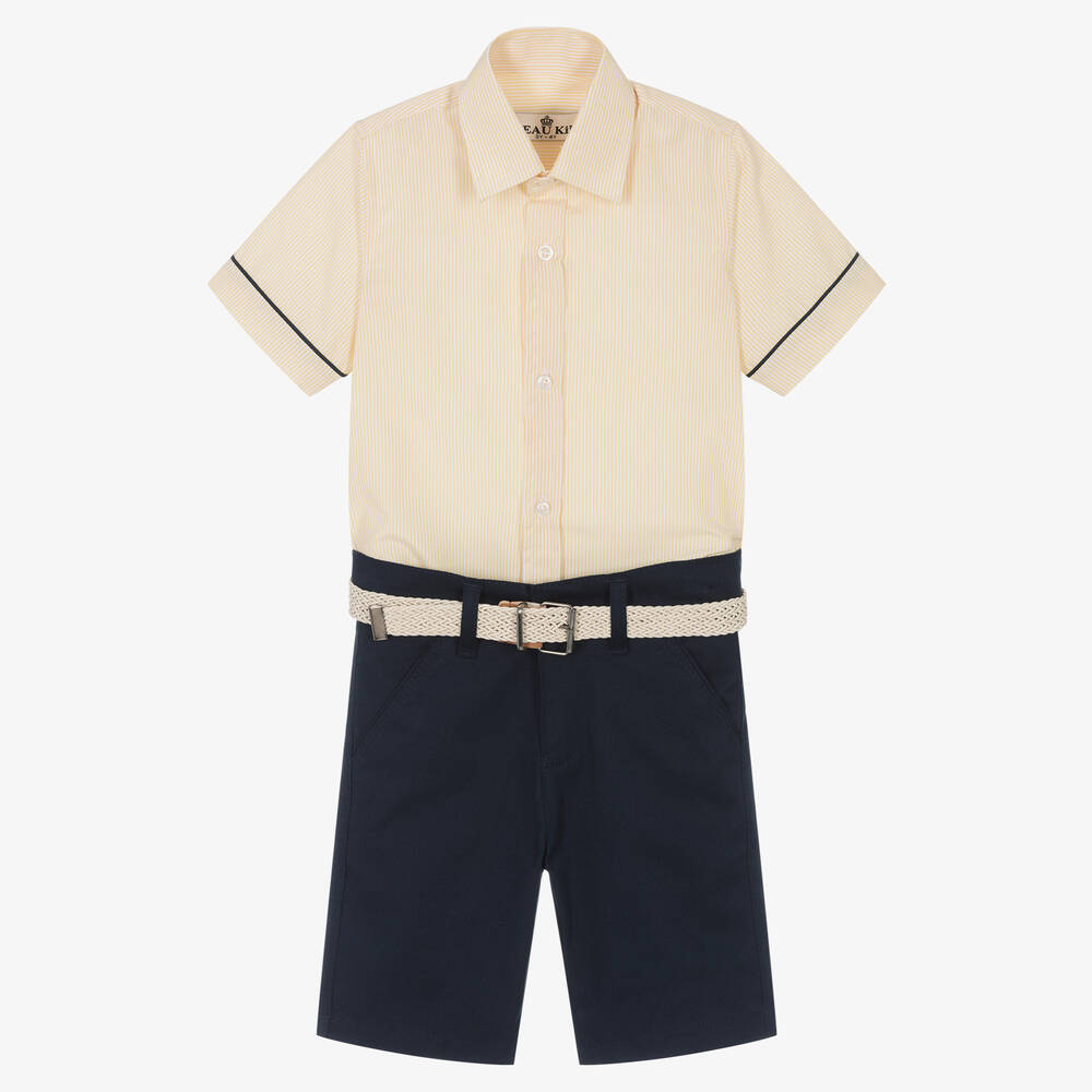 Beau KiD-Boys Yellow Striped Shirt & Navy Blue Shorts Set | Childrensalon Outlet