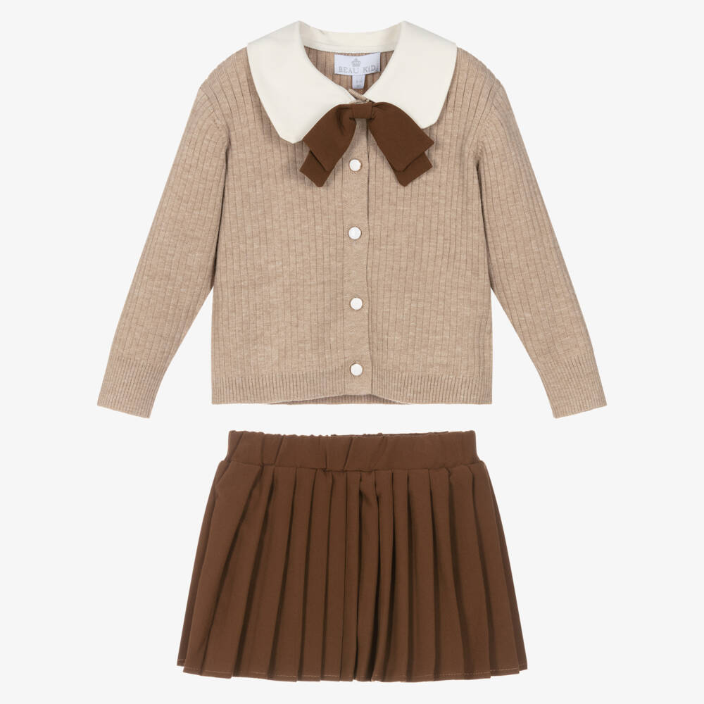 Beau KiD-Girls Beige & Brown Pleated Skirt Set with Bow Brooch | Childrensalon Outlet