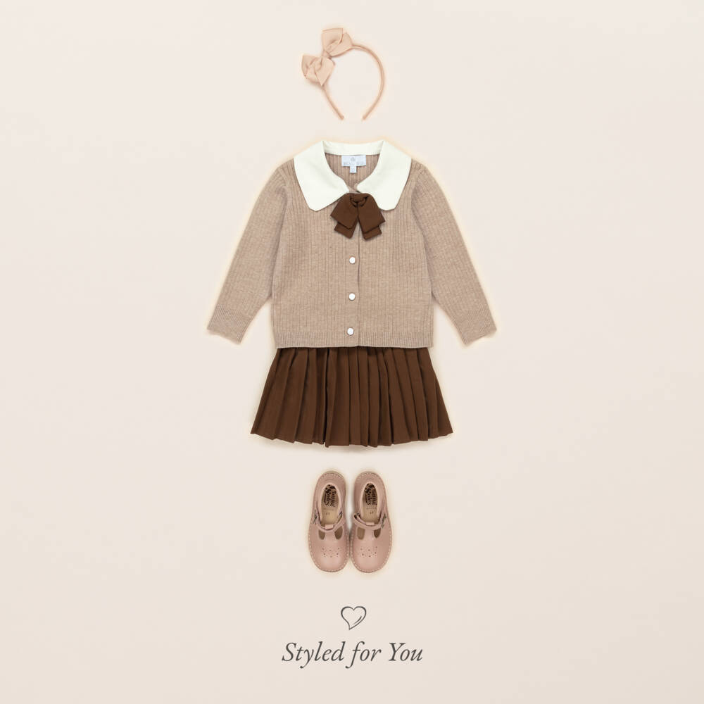 Beau KiD-Girls Beige & Brown Pleated Skirt Set with Bow Brooch | Childrensalon Outlet