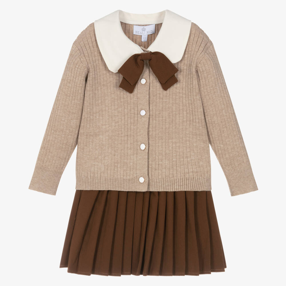 Beau KiD-Girls Beige & Brown Pleated Skirt Set with Bow Brooch | Childrensalon Outlet