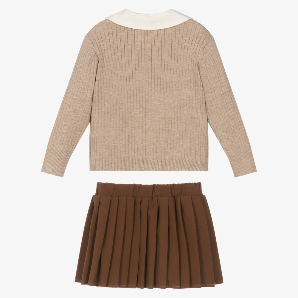Beau KiD-Girls Beige & Brown Pleated Skirt Set with Bow Brooch | Childrensalon Outlet