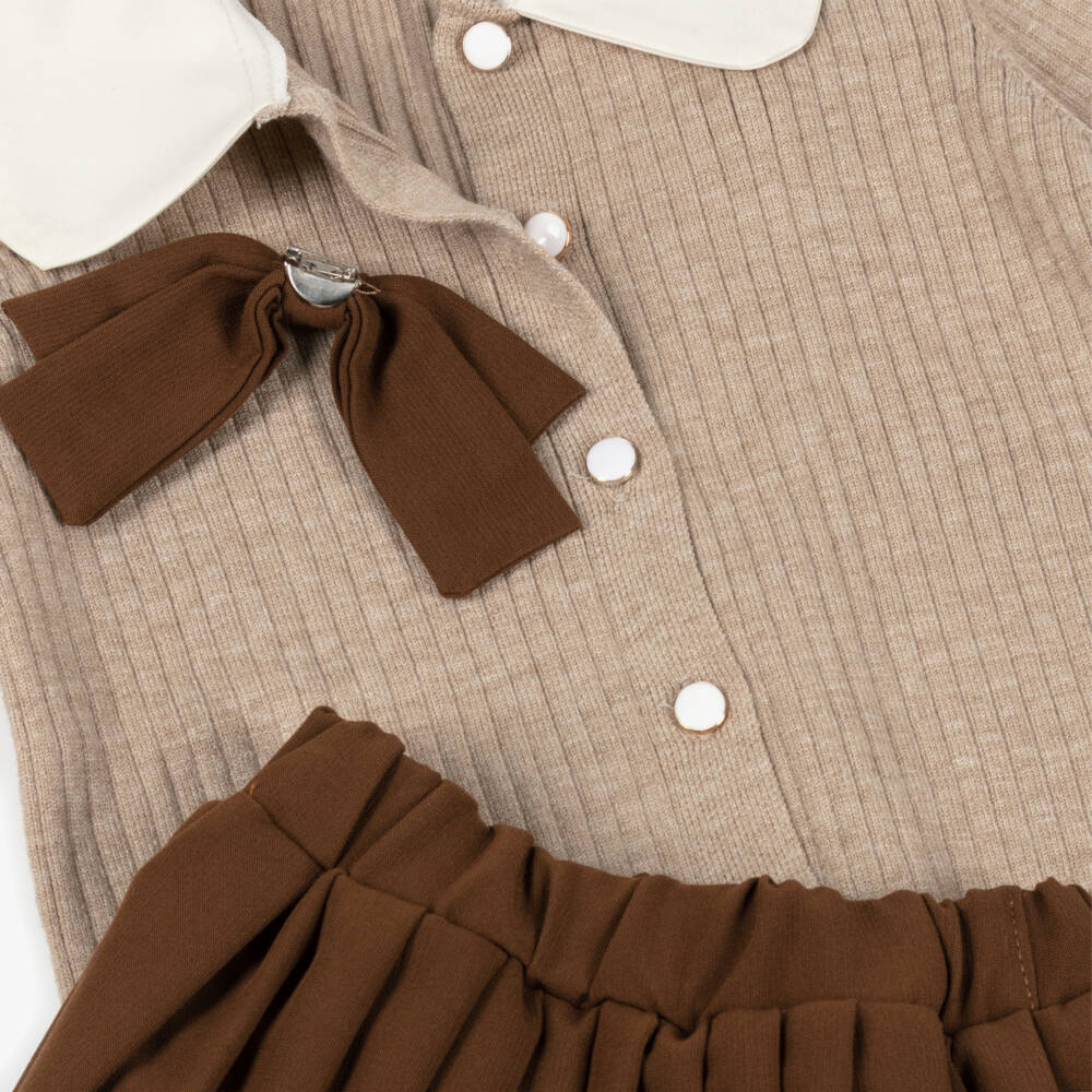 Beau KiD-Girls Beige & Brown Pleated Skirt Set with Bow Brooch | Childrensalon Outlet