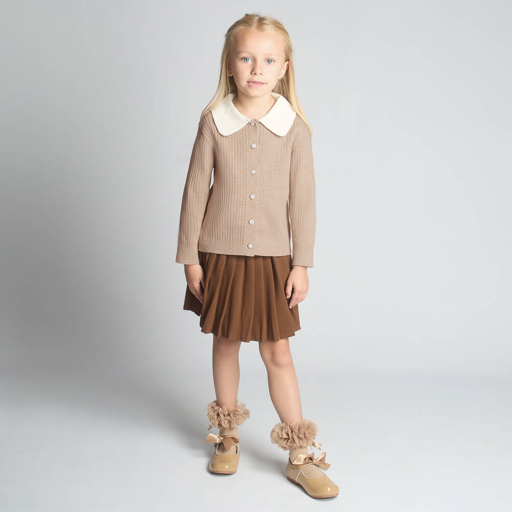 Beau KiD-Girls Beige & Brown Pleated Skirt Set with Bow Brooch | Childrensalon Outlet