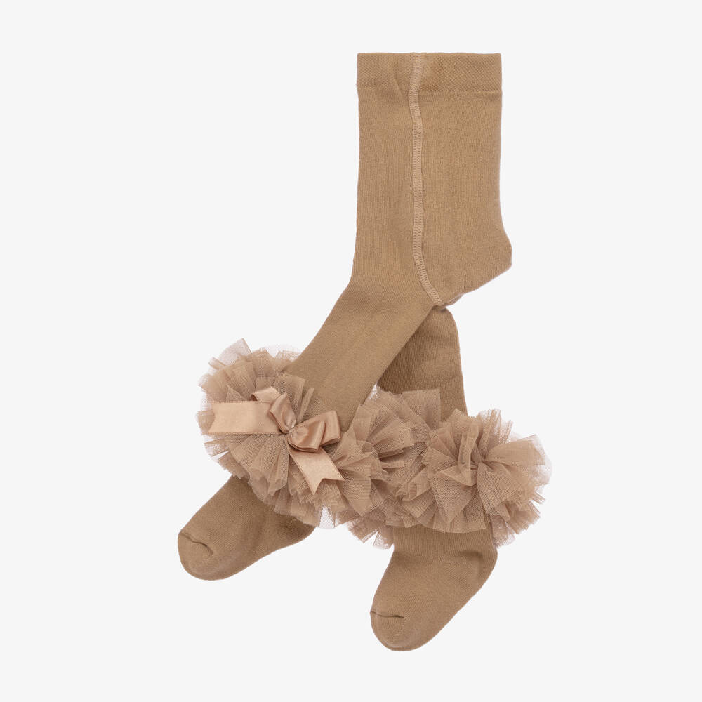 Beau KiD-Girls Beige Cotton Tights with Frilly Ankles | Childrensalon Outlet