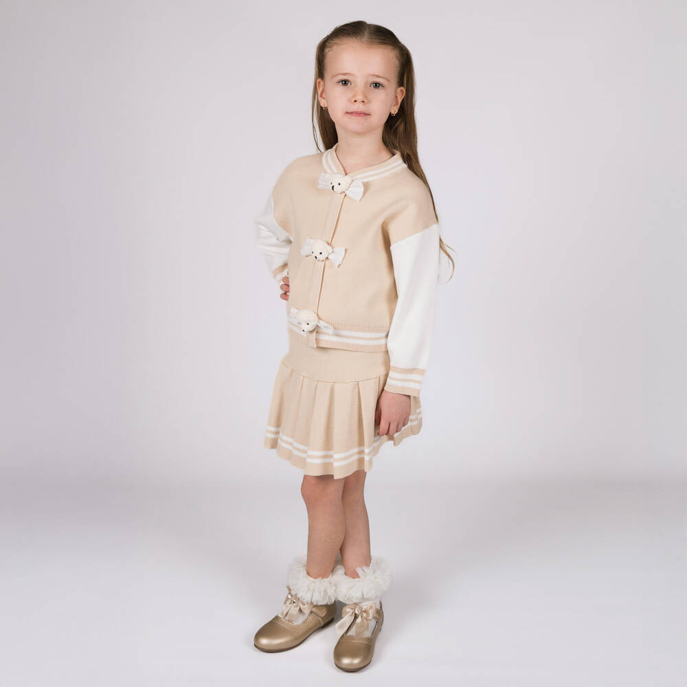 Beau KiD-Girls Beige Knitted Skirt Set with Teddy Bear Trims | Childrensalon Outlet