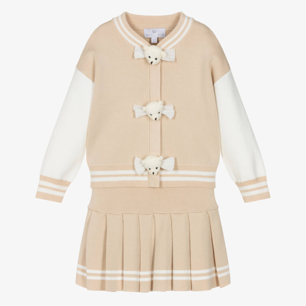 Beau KiD-Girls Beige Knitted Skirt Set with Teddy Bear Trims | Childrensalon Outlet