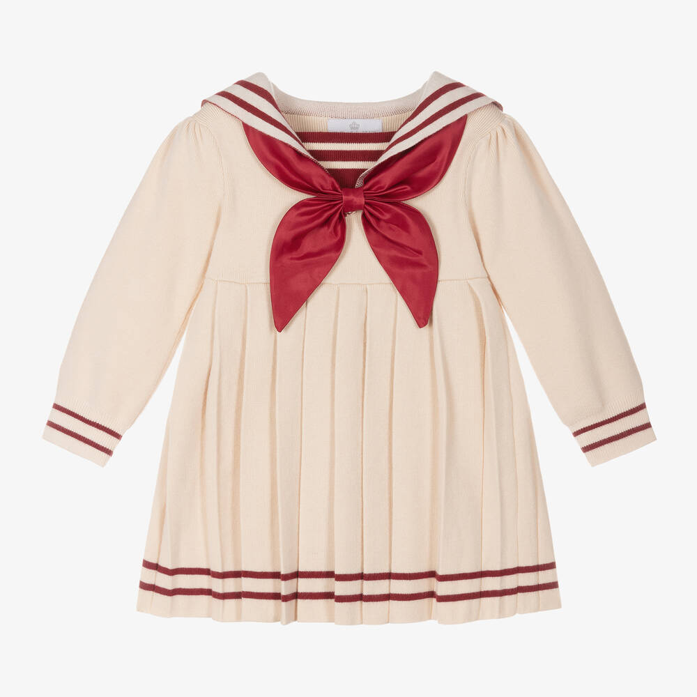 Beau KiD - فستان مزيج فيسكوز محبوك لون بيج وأحمر | Childrensalon