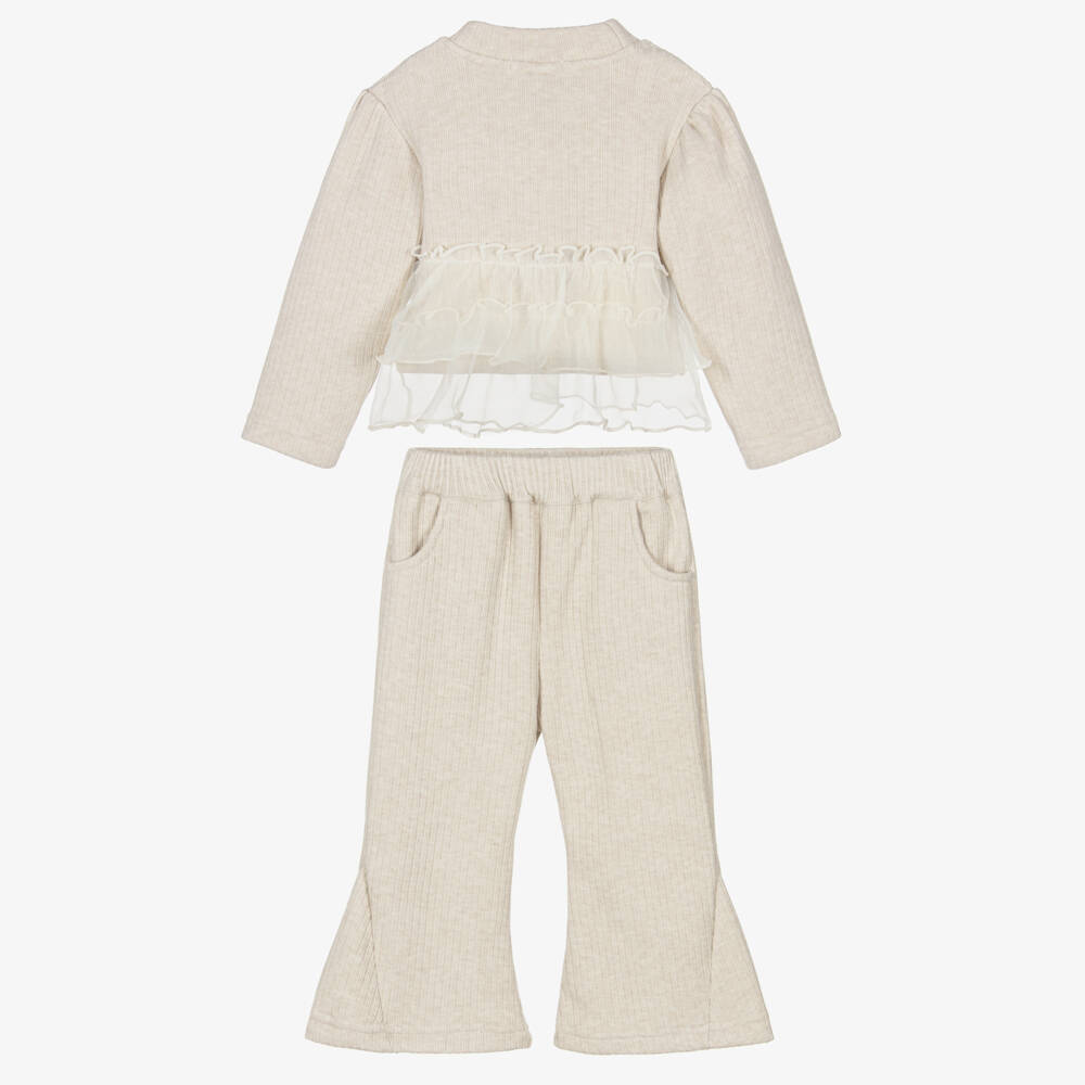Beau KiD-Girls Beige Ribbed Jersey Trouser Set with Organza Ruffles | Childrensalon Outlet